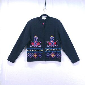 Vintage Doncaster Sport Embroidered 100% Wool Cardigan Colorful Black Sweater M